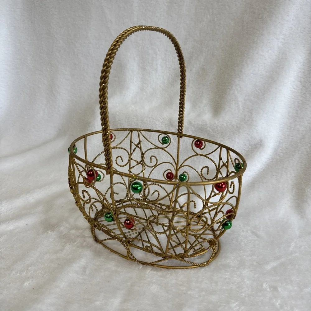 Gold‎ Wire Christmas Basket with Red and Green Ornaments Holiday Decor 11 inch
